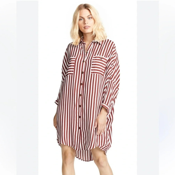Free People Faithfull The Brand Spencer Shirt Dress In Zeus Stripe Print Maroon - Picture 1 of 7